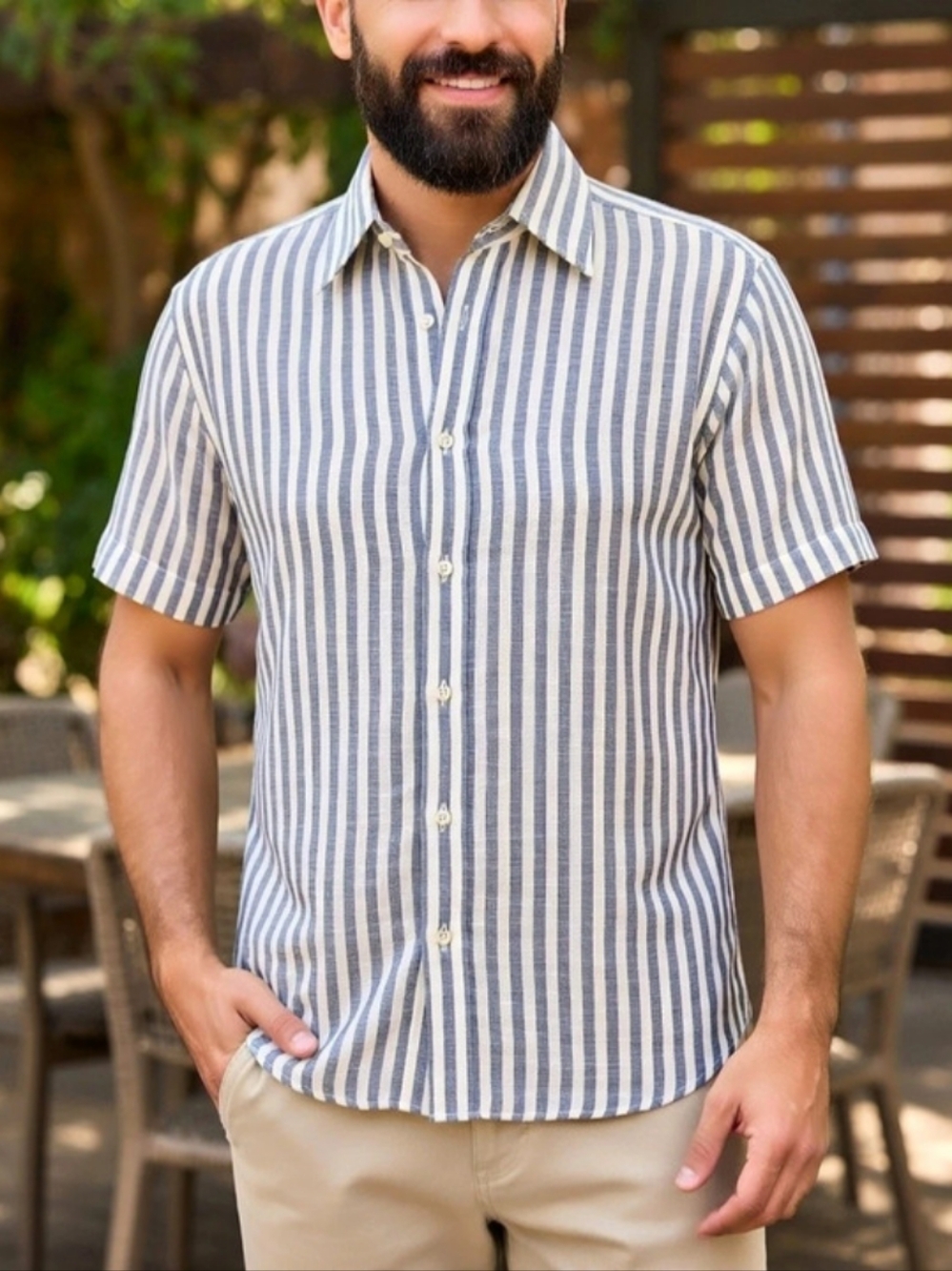 Sand Copenhagen Linen Modern Fit Blue & White Striped Short Sleeve Shirt 39 EU